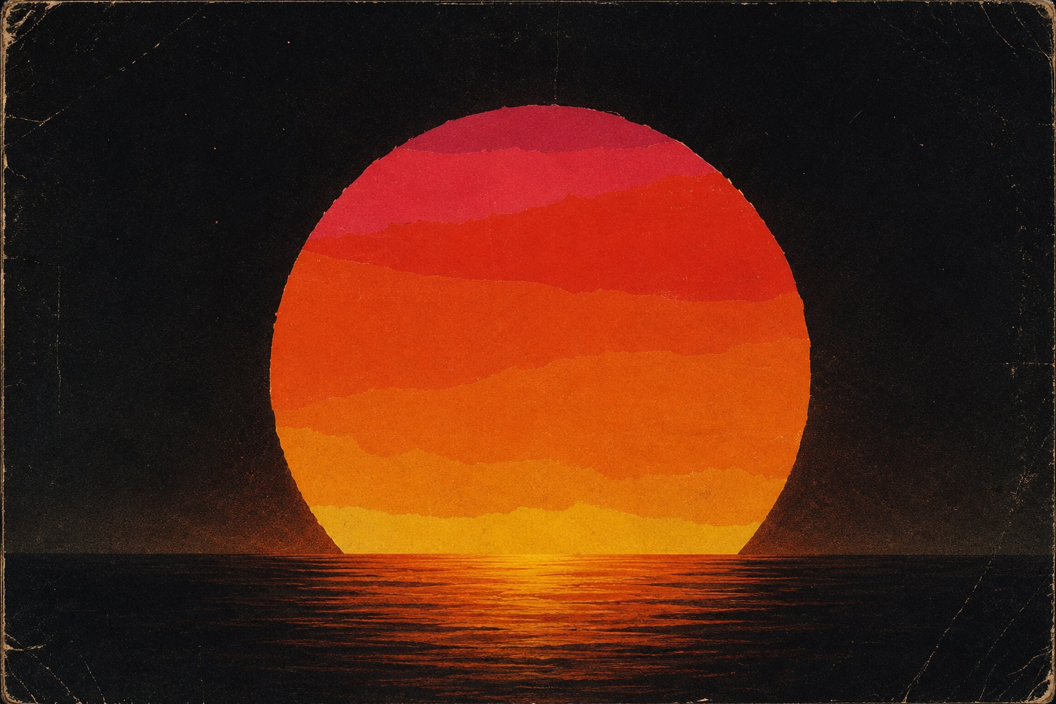 Vintage-inspired soul jazz sunset over a calm sea with a large glowing sun in layered orange and red tones